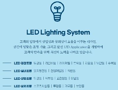 LED Lighting System 고객의 입장에서 상업성과 창의성이 효율을 이루는 디자인, 공간에 알맞은 조명 기술, 그리고 앞선 LED Application을 개발하여 고객의 만족을 위해 최선의 노력을 다하고 있습니다. -LED 경관조명 투광등,라인바등,레이져빔,트랙등,지중등,보안등,수목등 -LED 실내조명 엣지평판등,천정매입등,직관등 -LED 산업조명 투광등,직부등,고천장등,터널등 -LED 실외조명 스포츠시설등,투광등,가로등,보안등