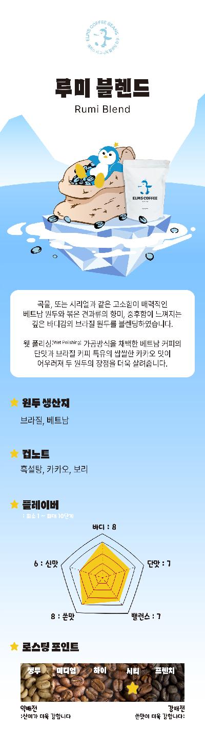 고소함과 묵직한 바디감이 느껴지며 달콤하고 구수한 쓴맛이 매력적인 원두 200g