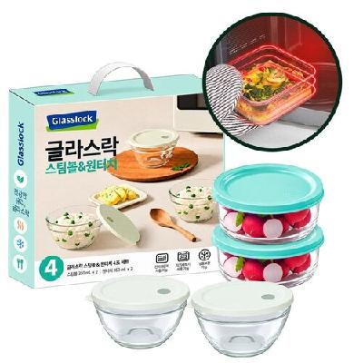 강화유리 선물세트 4조 전자레이지 밀페용기 반찬통 스팀볼 원형330ml*2 원터치 원형430ml*2 홍보, 판촉, 기념, 선물, 사은, 답례