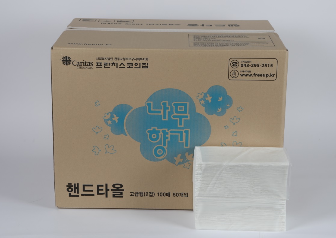 사회복지법인 천주교청주교구사회복지회 프란치스코의 집 043-295-2515 www.freeup.kr 나무향기 핸드타올 고급형(2겹) 100매 50개입