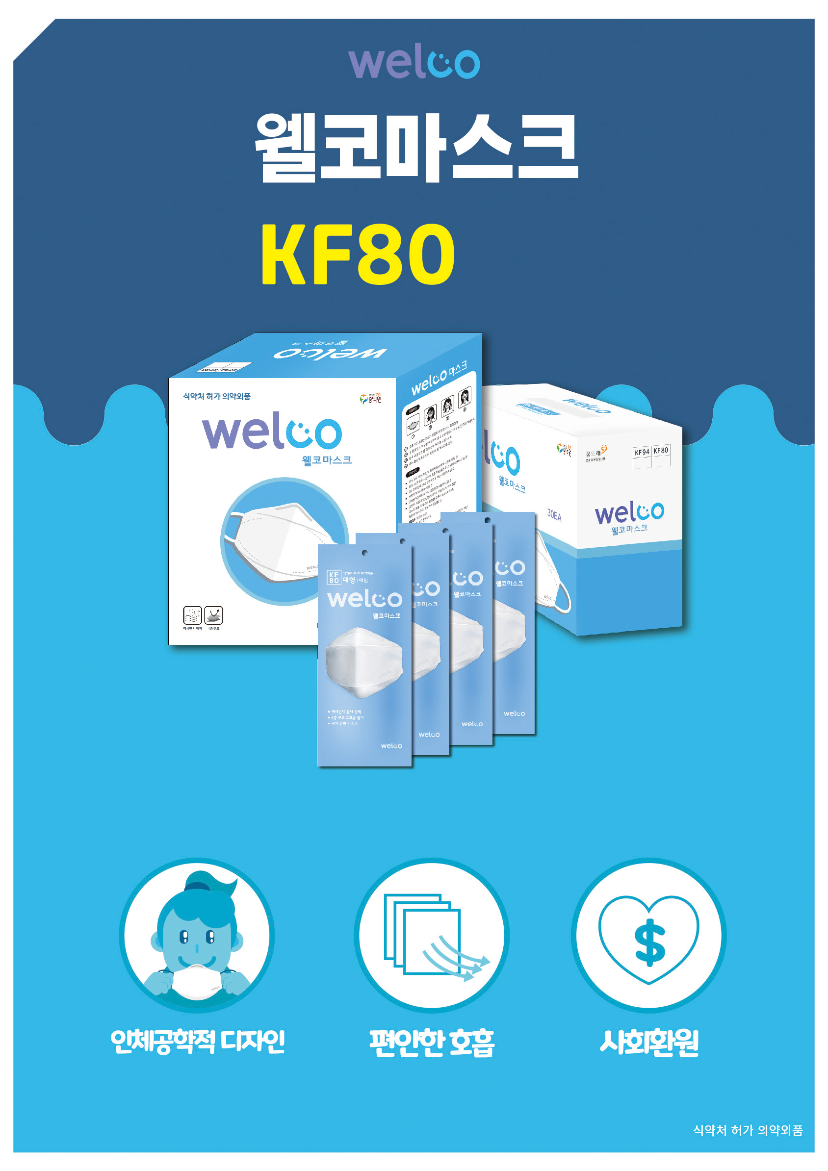 welco 웰코마스크 KF-80 인체공학적 디자인 편안한 호흡 사회환원 식약처 허가 의약외품