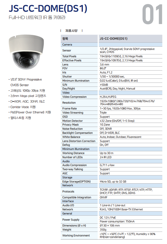 JS - CC -DOME(DS1) FULL-HD 네트워크 IR 돔 카메라 1/2.8